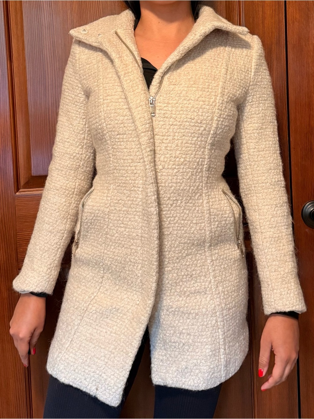 Women's Cream Bouclé Zip-Front Coat